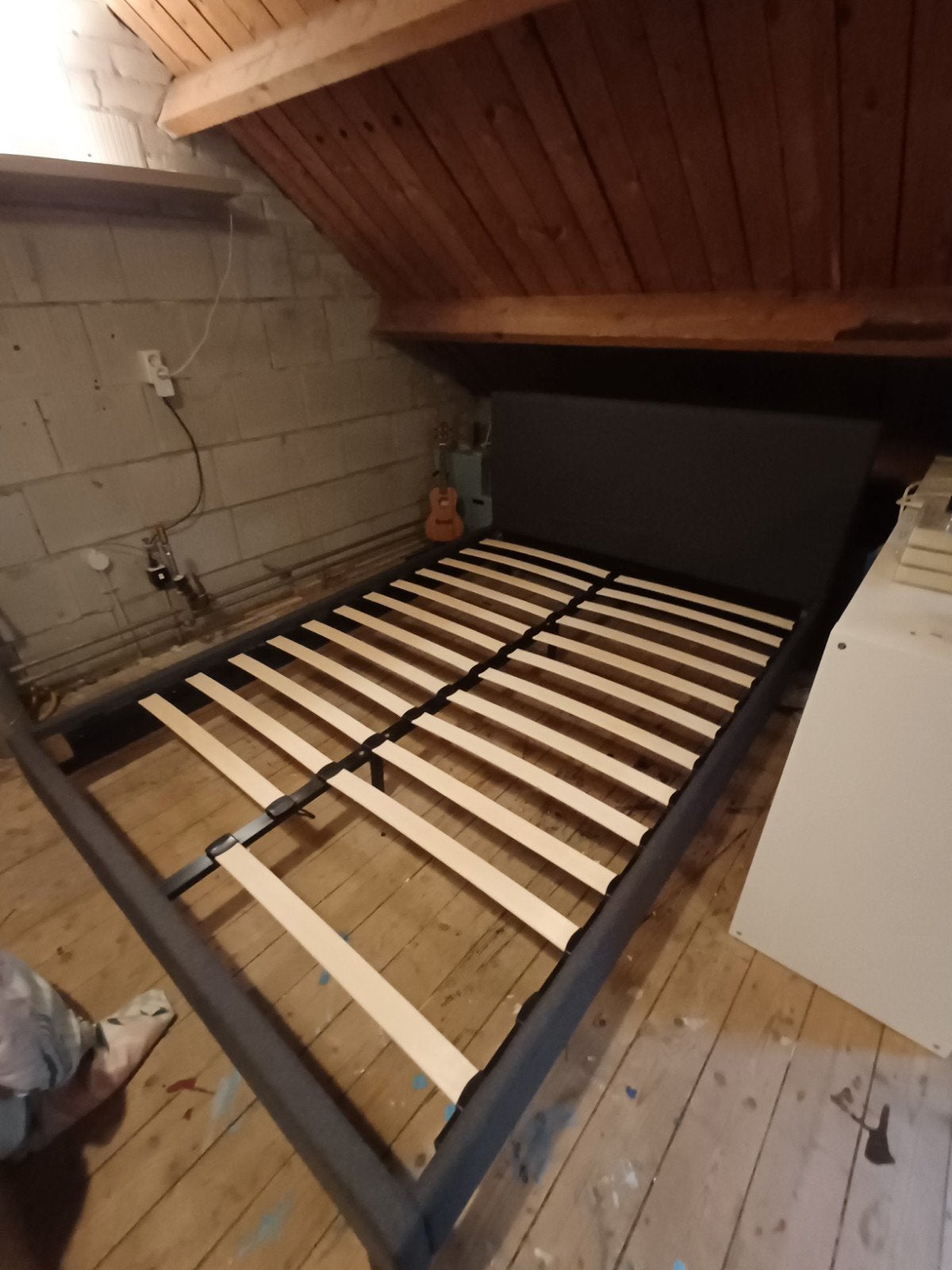 Antraciet stoffen tweepersoonsbed 140x200, Ophalen, Gebruikt, Tweepersoons, 140 cm