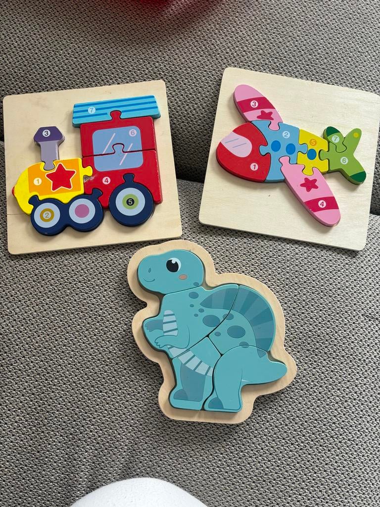 Houten puzzels: trein, vliegtuig en dinosaurus, 2 tot 4 jaar, Ophalen of Verzenden, Zo goed als nieuw, Van hout