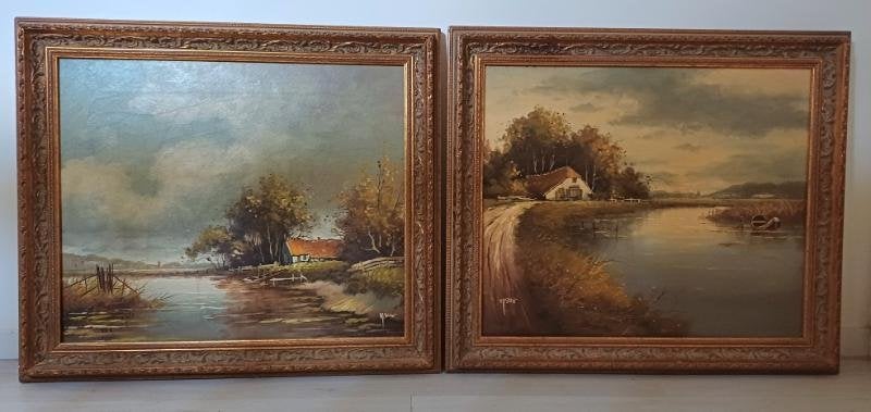 2 Olieverf schilderijen doek boerderij water met bootje, Doek, Landschap, Olieverf, Ophalen