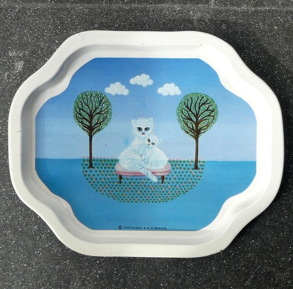 Vintage dienblaadje kat poes kattenprint dienblad K+S design, Ophalen of Verzenden, Gebruikt, Ovaal, Metaal