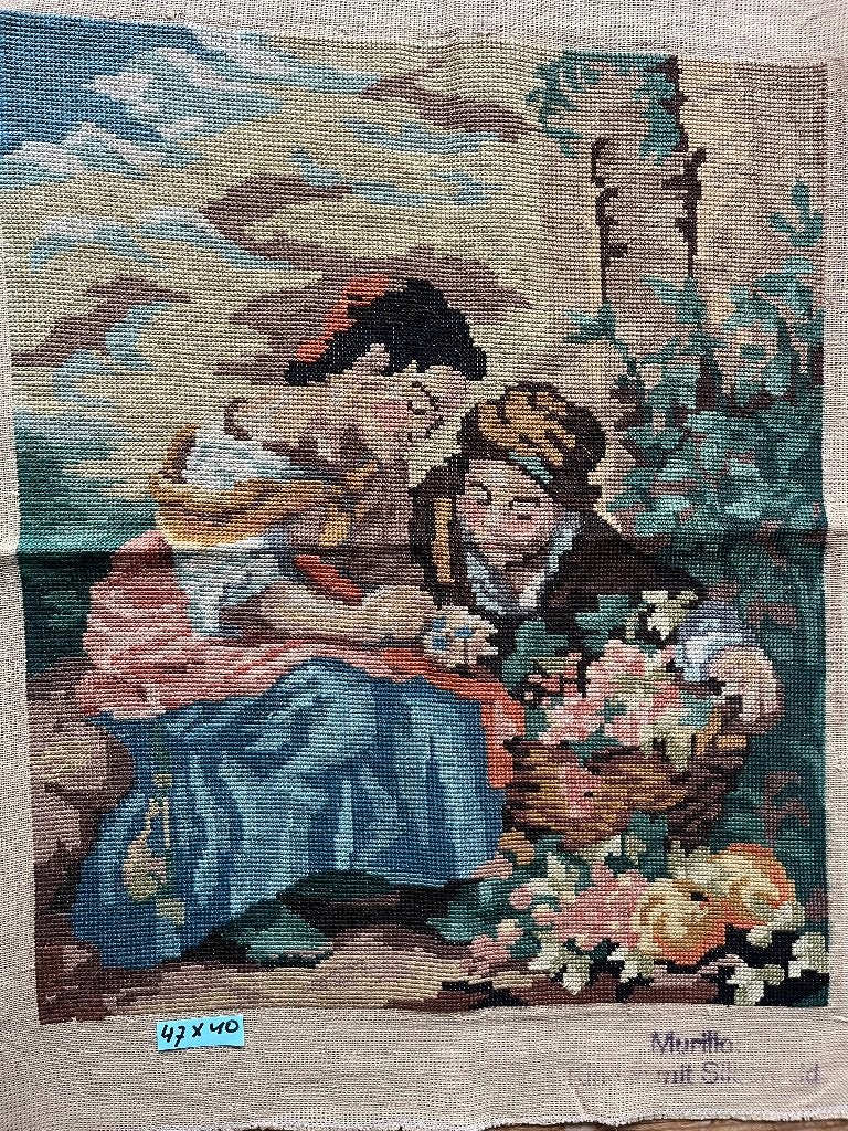 2 Geborduurde schilderijen( Esteban Murillo), Ophalen of Verzenden, Zo goed als nieuw, Minder dan 50 cm, Schilderij