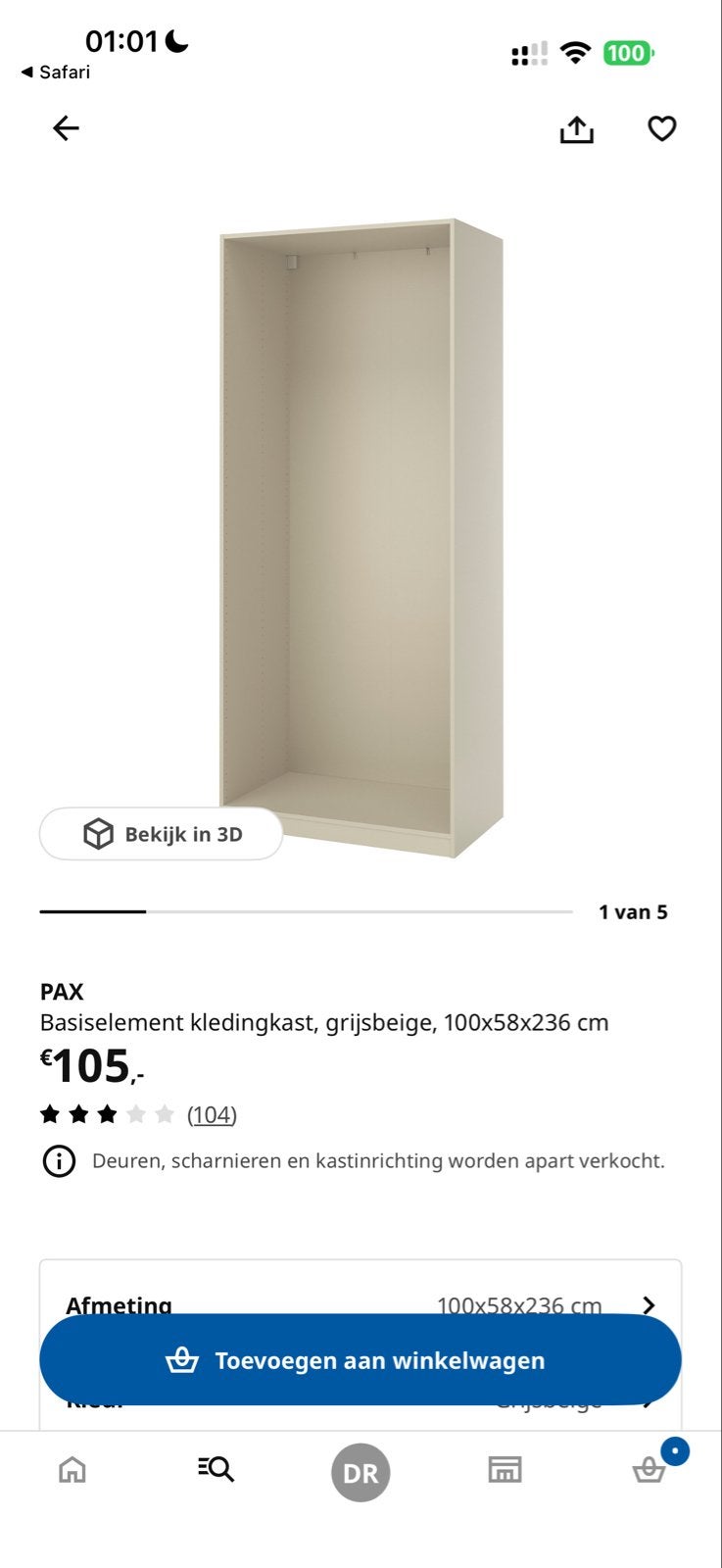 IKEA PAX Basiselement kledingkast grijsbeige 100x58x236 cm, Ophalen, Met plank(en), 200 cm of meer, 50 tot 100 cm