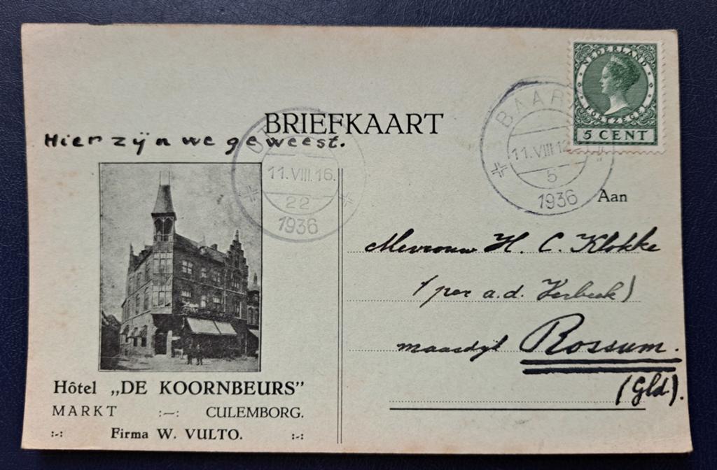 Culemborg. Hotel. Leuke briefkaart 1936., Ophalen of Verzenden, 1920 tot 1940, Gelopen, Gelderland