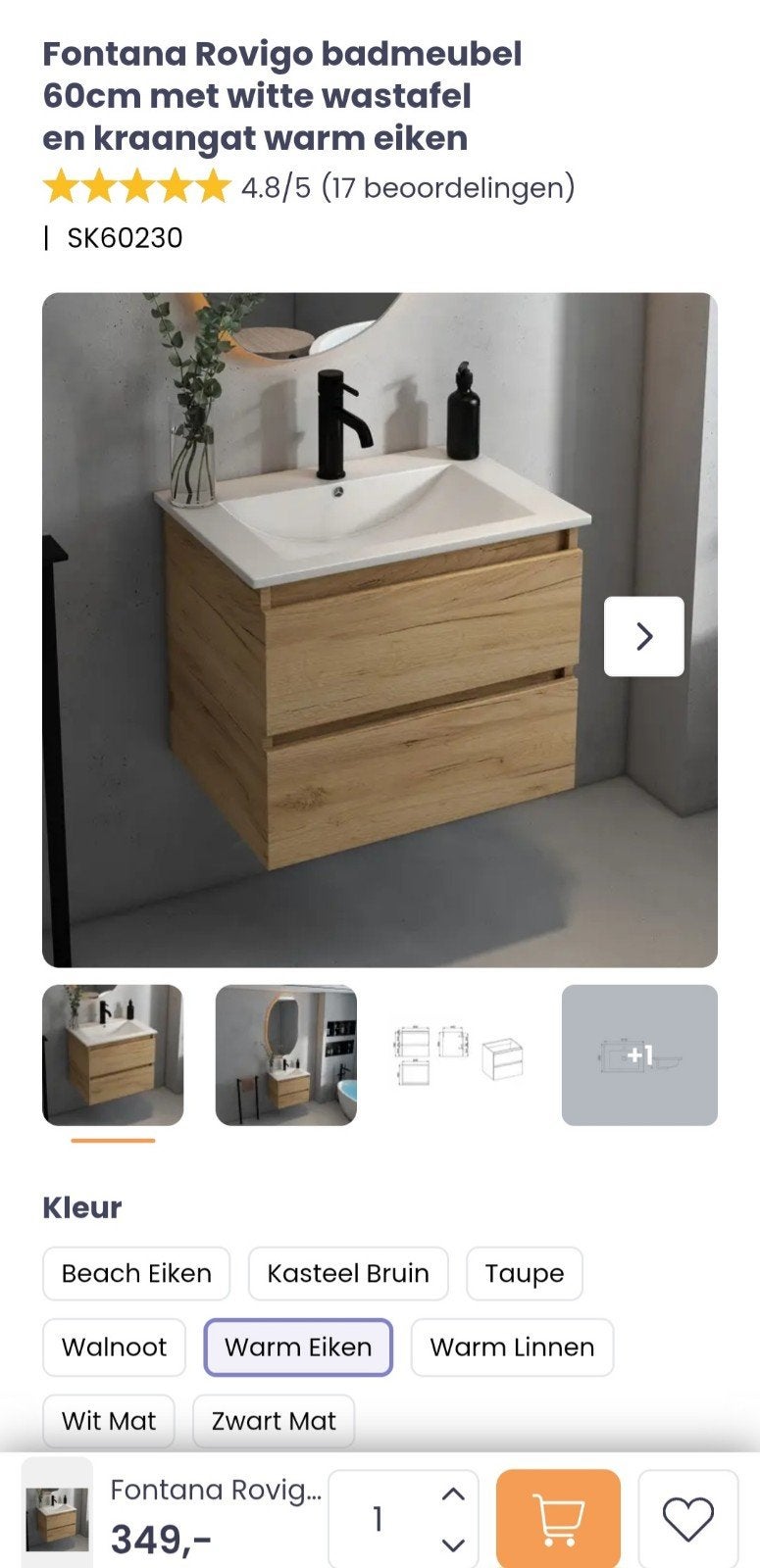 Fontana Rovigo Badmeubel 60cm met Witte Wastafel Warm Eiken, Ophalen, Nieuw, 50 tot 100 cm, Minder dan 100 cm