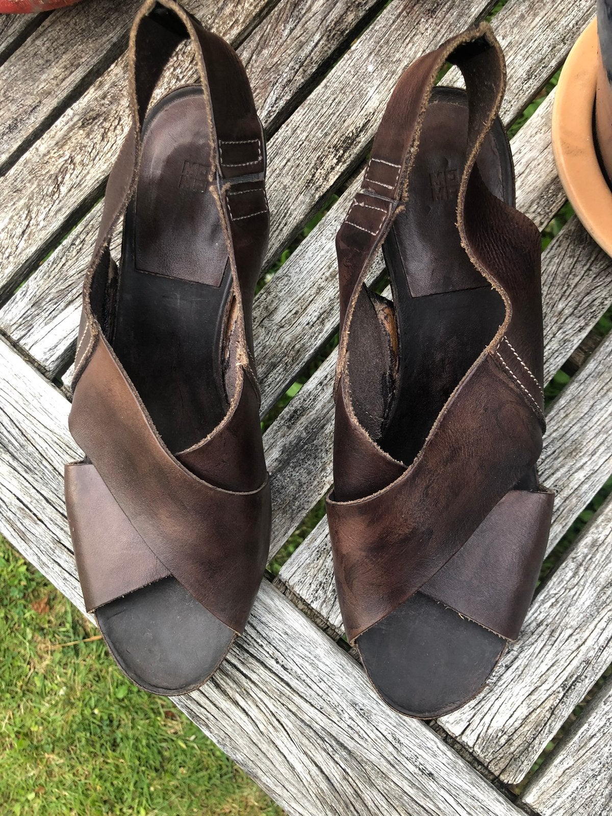 Leren Moma sandalen zomer schoenen maat 39,5 bruin hak 6,5 c, Ophalen of Verzenden, Zo goed als nieuw, Groen, Instappers