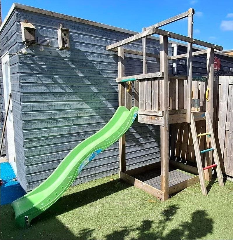 Jungle Gym speelhuis met glijbaan en zandbak, Ophalen, Gebruikt, Hout