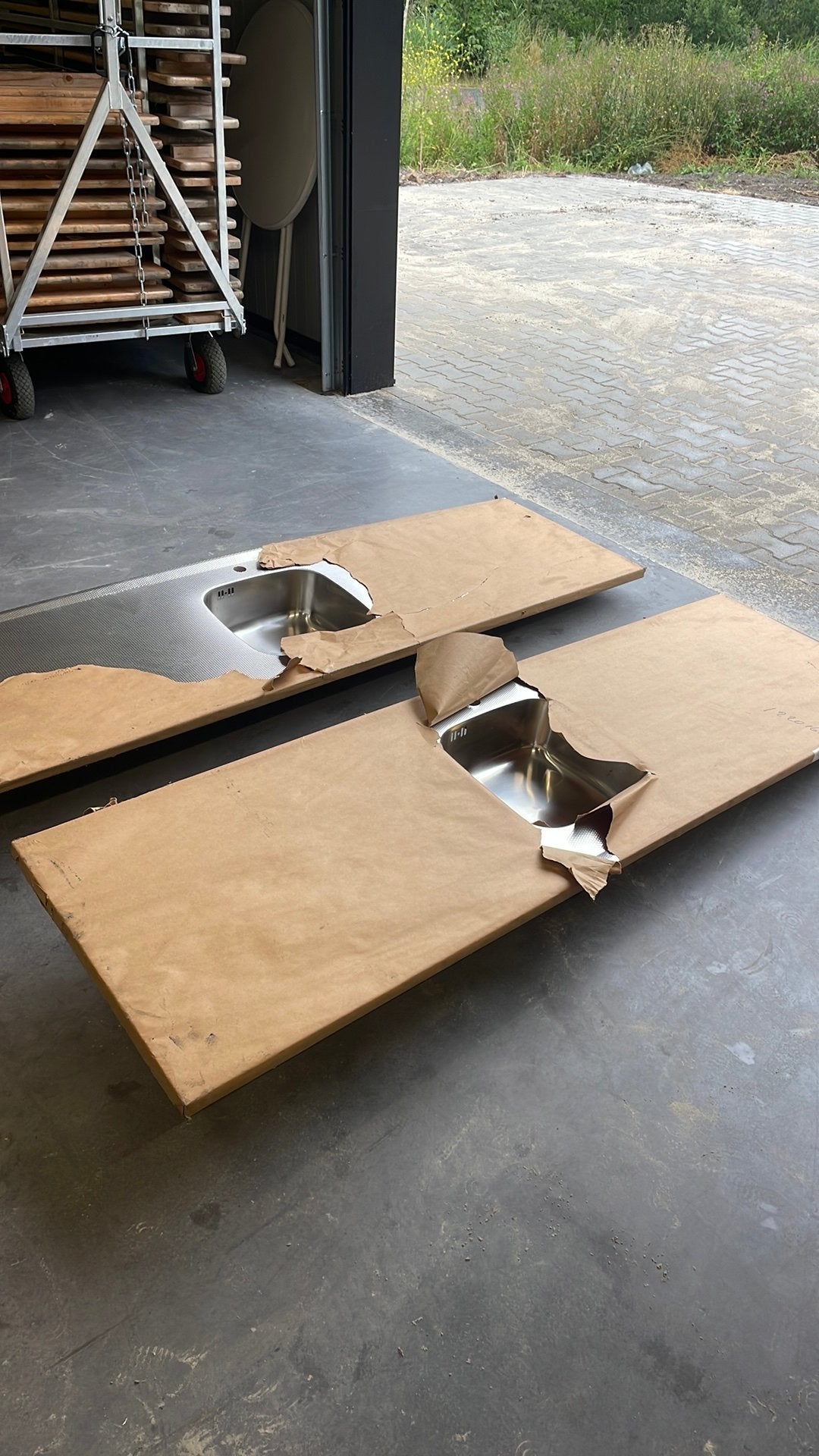 2x RVS werkbladen met geïntegreerde spoelbak, Huis en Inrichting, Keuken | Keukenelementen, Ophalen, 50 tot 100 cm, Zo goed als nieuw