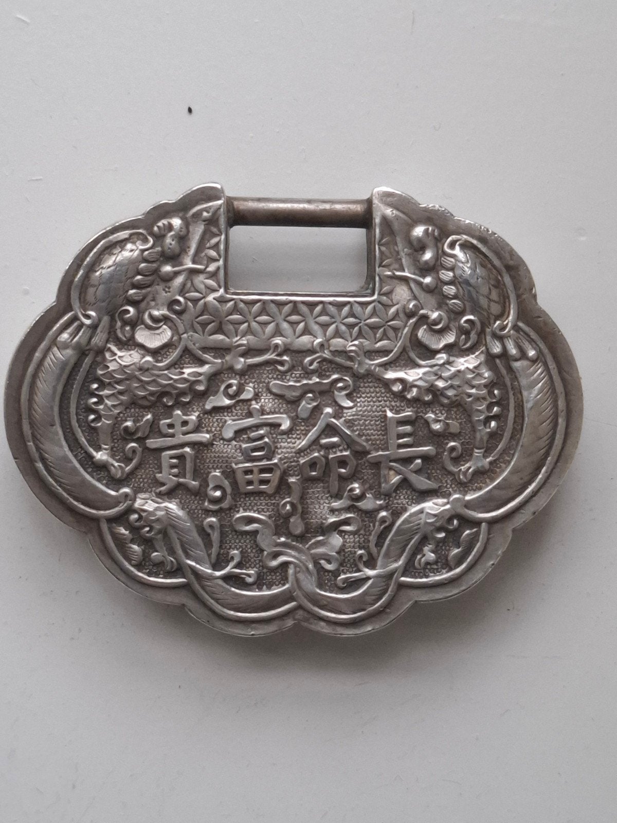 Antiek Chinees Lang Leven Slot Chang Ming Suo zilver 1900, Zilver, Sieraad, China, Overige materialen