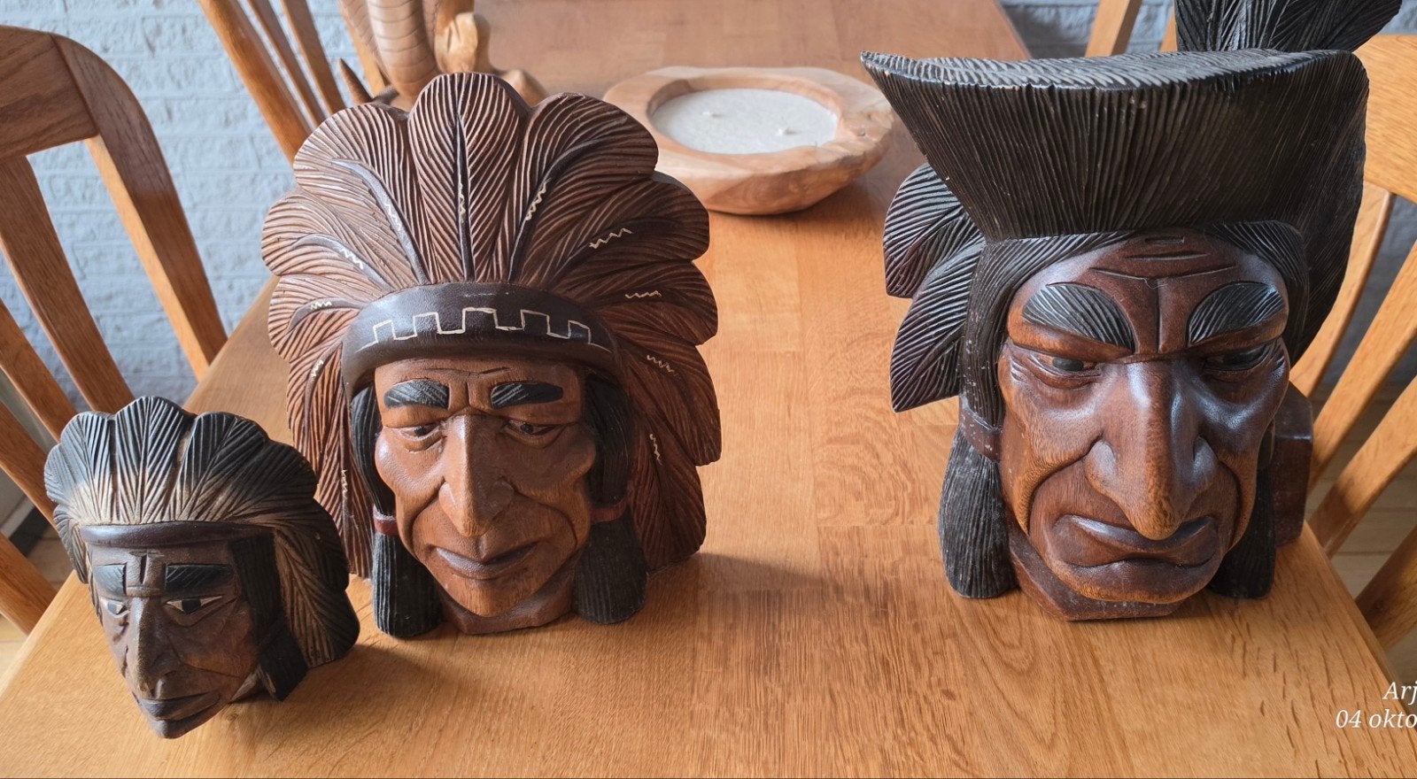 set massief houten indianen hoofden, Antiek en Kunst, Ophalen, Houtsnijwerk, 20 - 50 cm, Hout