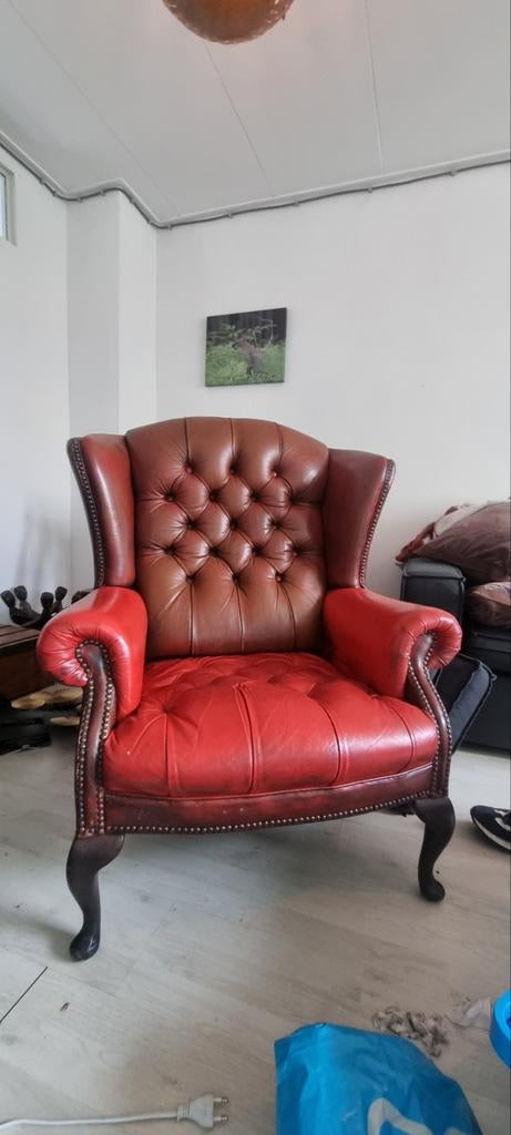 Vintage Chesterfield fauteuil - rood/bruin leer, Ophalen