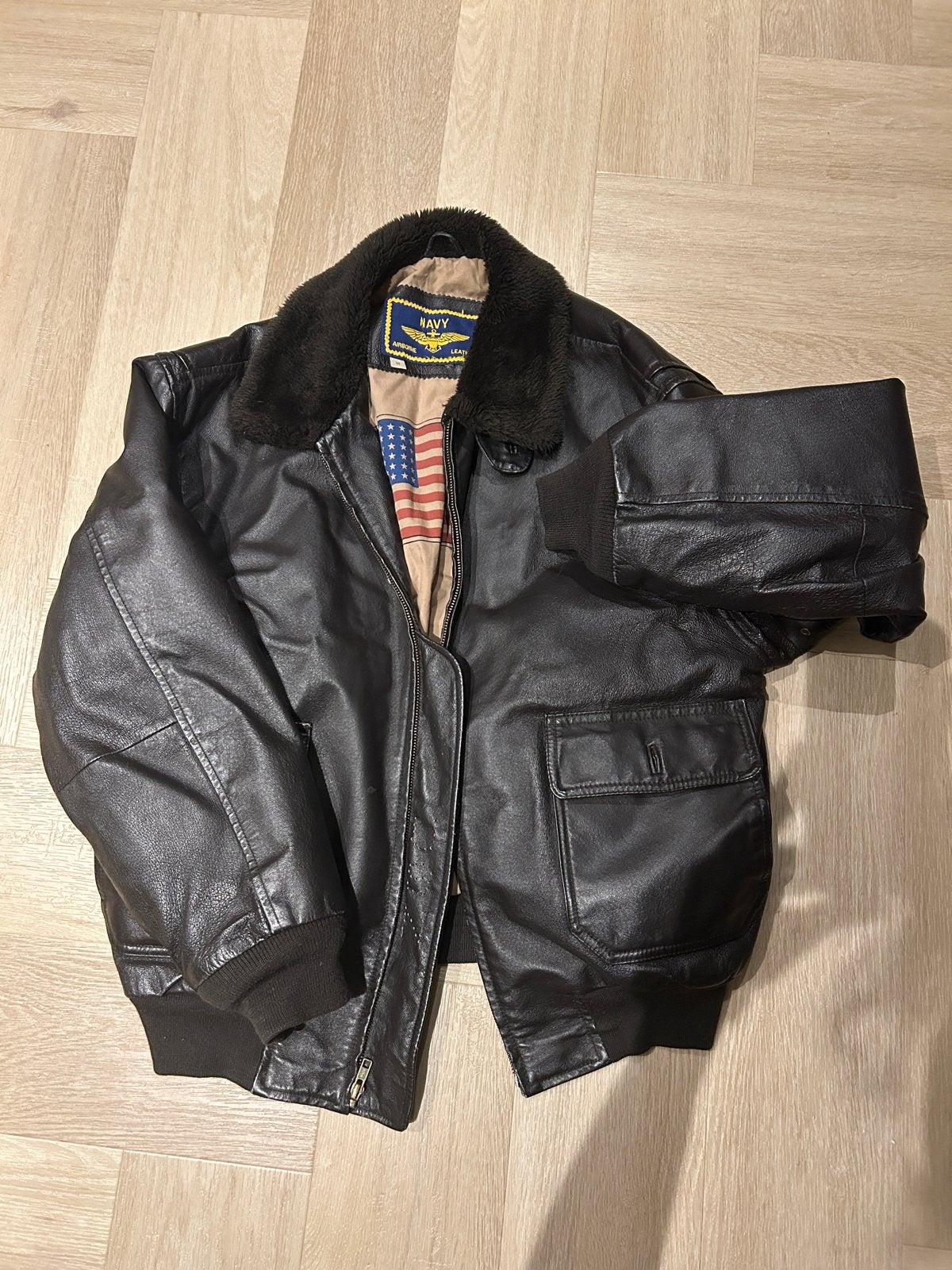 Originele Marine Leren Bomberjack Maat M, Kleding | Dames, Ophalen, Gedragen, Maat 38/40 (M), Zwart