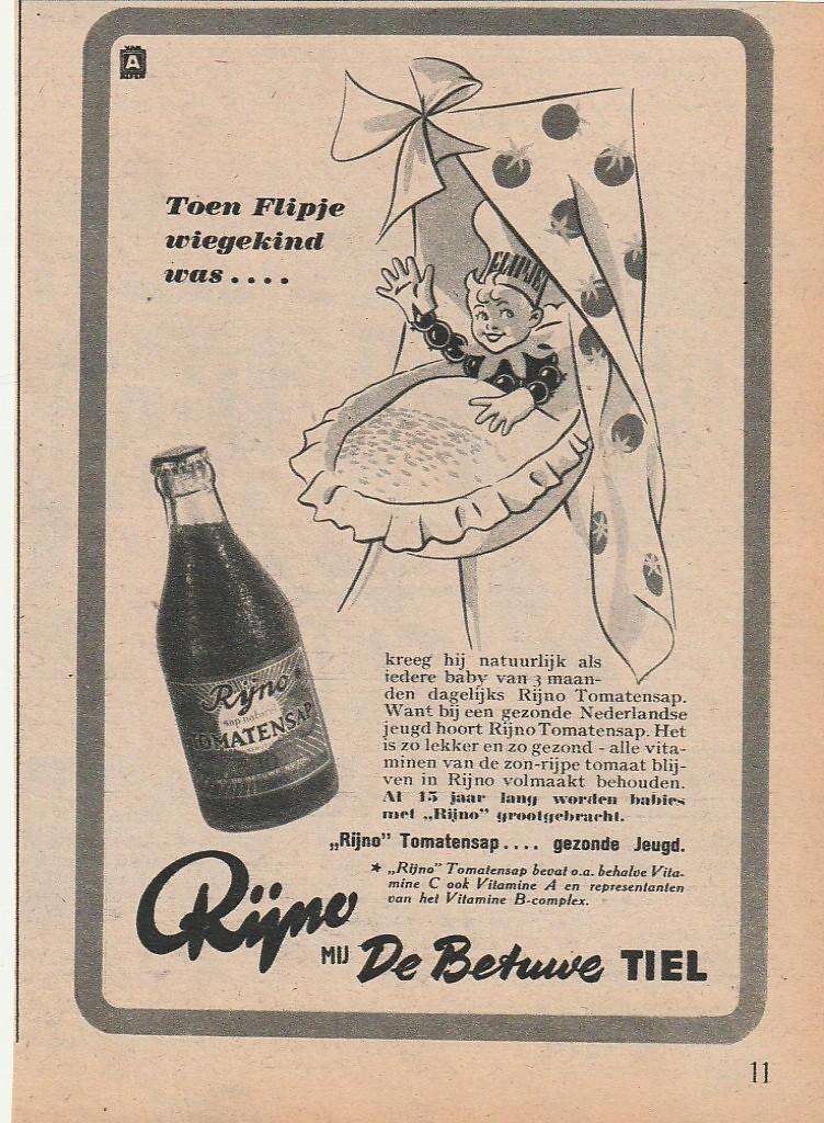Retro reclame 1950 Betuwe Flipje Tiel Rijno in de wieg, Verzenden, Overige typen
