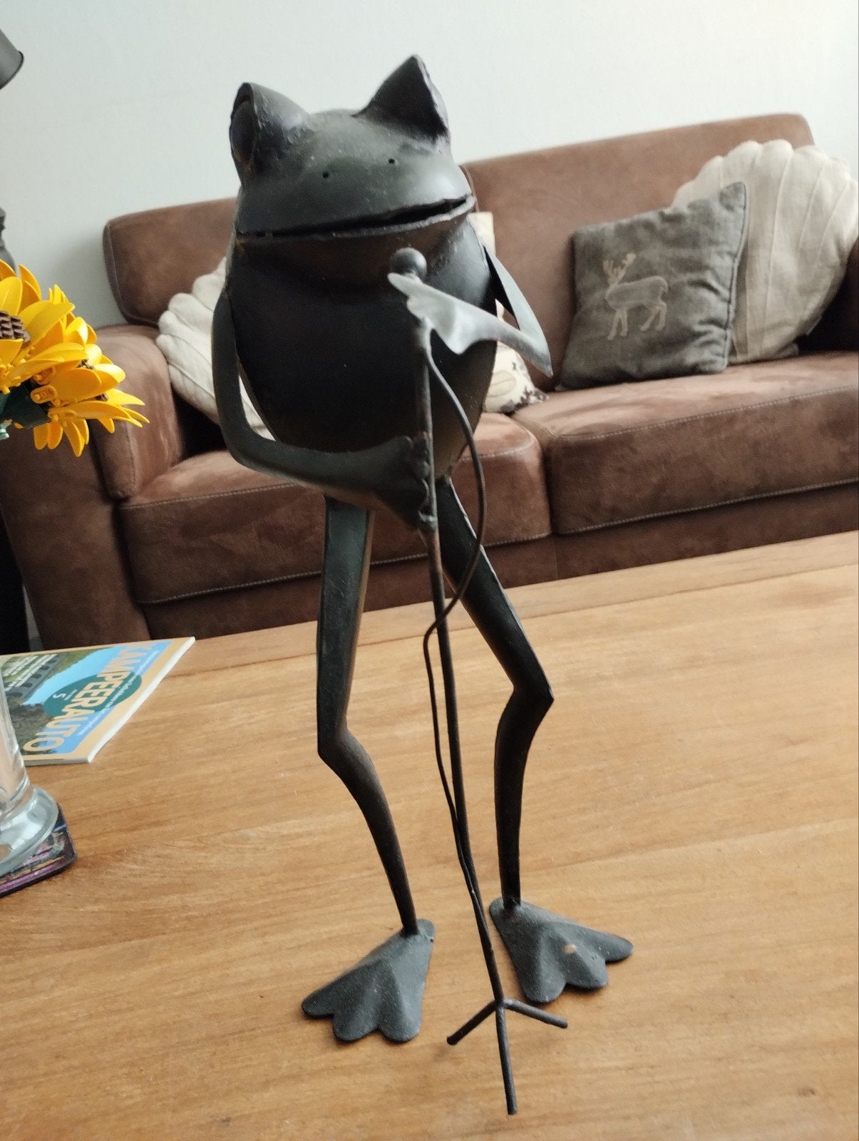Metalen Kikker met Microfoon - (2x) Unieke Decoratie, Overige stijlen, Ophalen of Verzenden, Metaal, Gebruikt