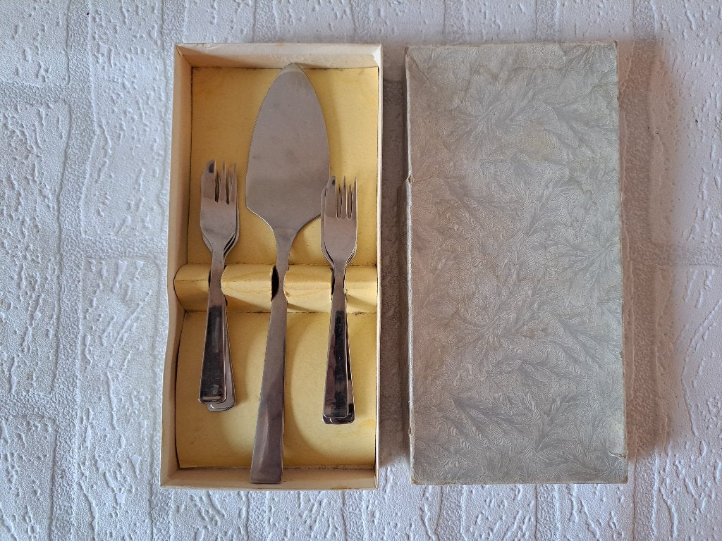 Gebak bestekset met 6 vorkjes, LCC Stainless steel, Gebruikt, Gebaksvork, Bestekset, Ophalen of Verzenden