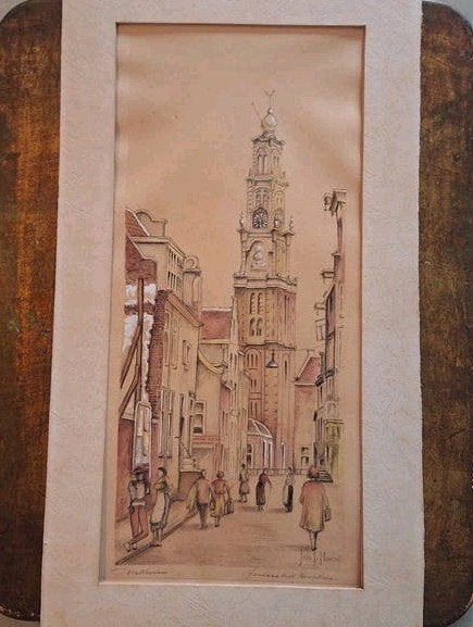 Orginal Ets Jordaan Kerkstraat Amsterdam Joh.Hoebé, 26 cm, Stadsgezicht, Handgekleurd, Lithografie