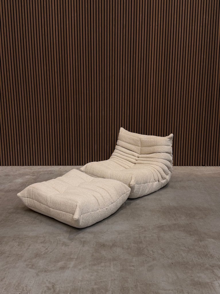 Ligne Roset Togo eenzits en ottoman | Beige Bouclé, Ophalen of Verzenden