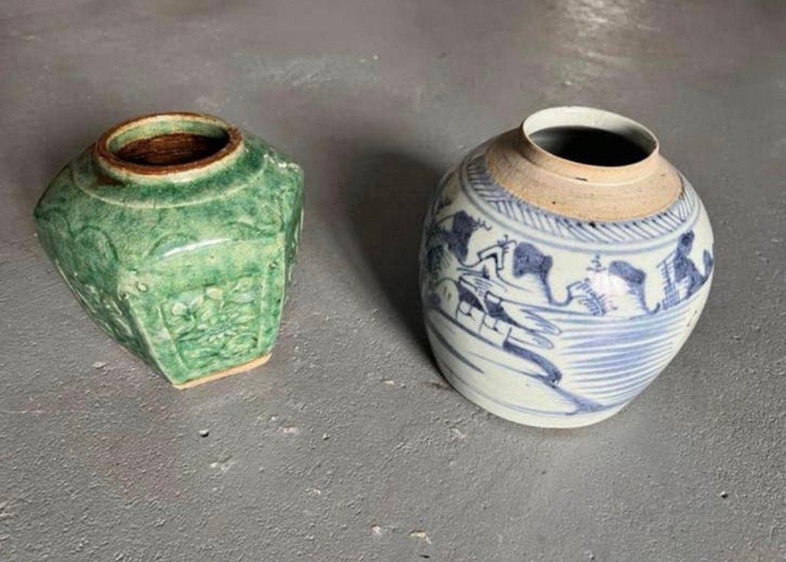 2 oude antieke Chinese gemberpotten aardewerk China, Ophalen