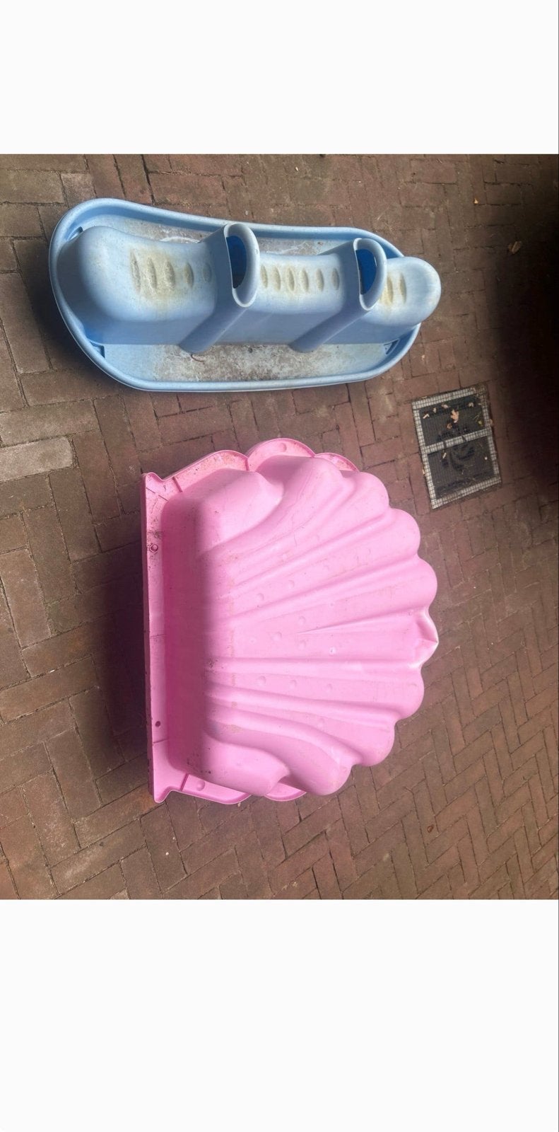 Roze schelpzandbak en blauwe wip voor water/zand, Ophalen, Gebruikt
