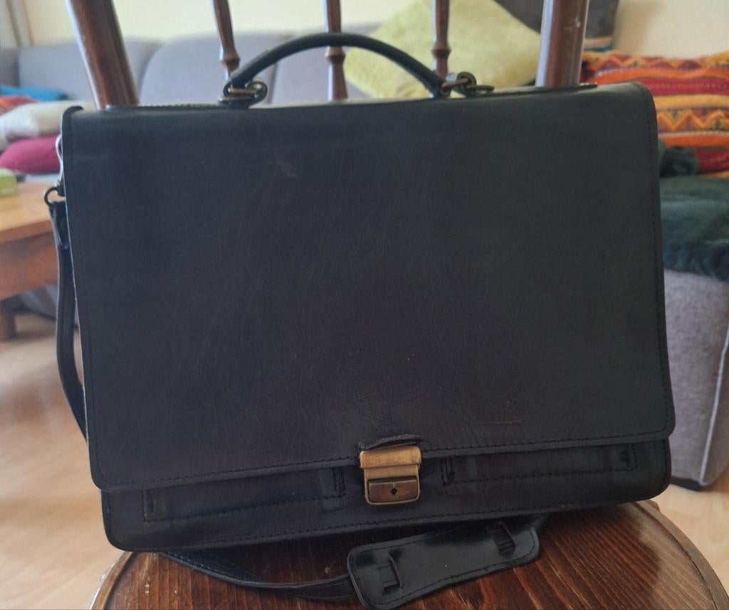 Laptoptas leer, Zwart, Aktetas of Boekentas, Zo goed als nieuw, Leer