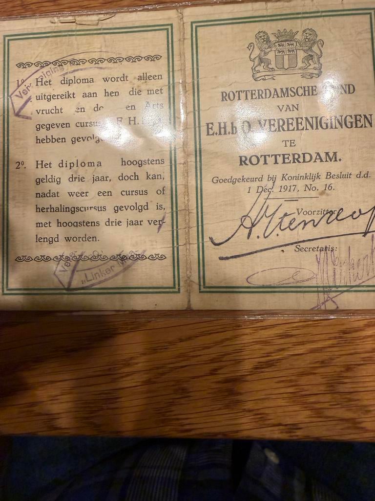 Oud E.H.B.O. Diploma en Boekje Rotterdam 1928, Ophalen of Verzenden, Gelezen