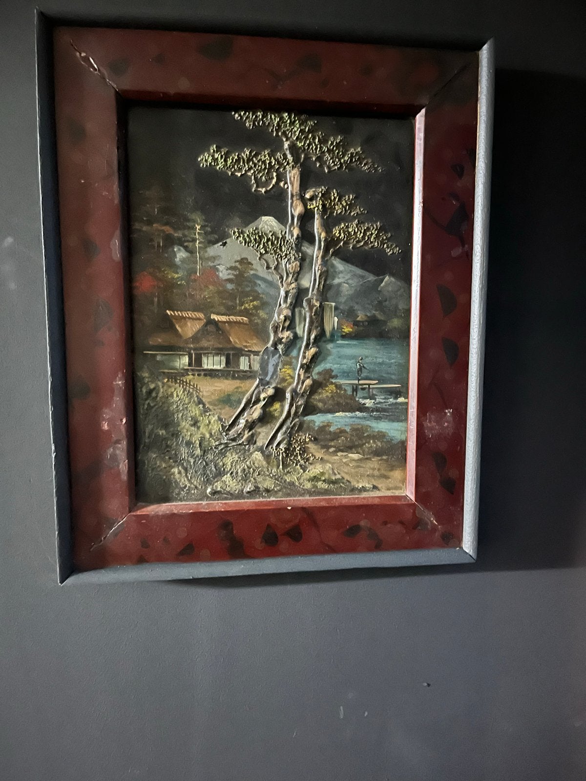 Antiek Japans reliëf schilderij - Landschap met huis, Overige ondergronden, Ophalen of Verzenden, Klassiek, Gemengde techniek