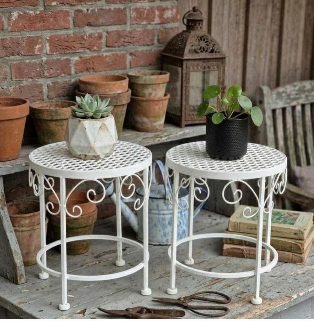 Set van 2 Smeedijzeren Plantentafeltjes Brocante Wit, Ophalen of Verzenden