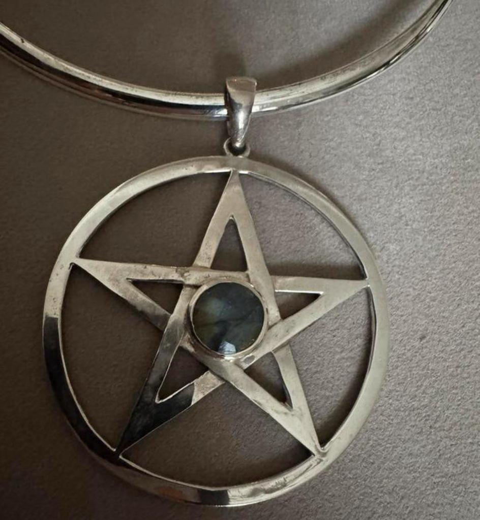 Pentagram hanger met ketting spiraal 925 en labradoriet, Verzenden, Zo goed als nieuw, Zilver
