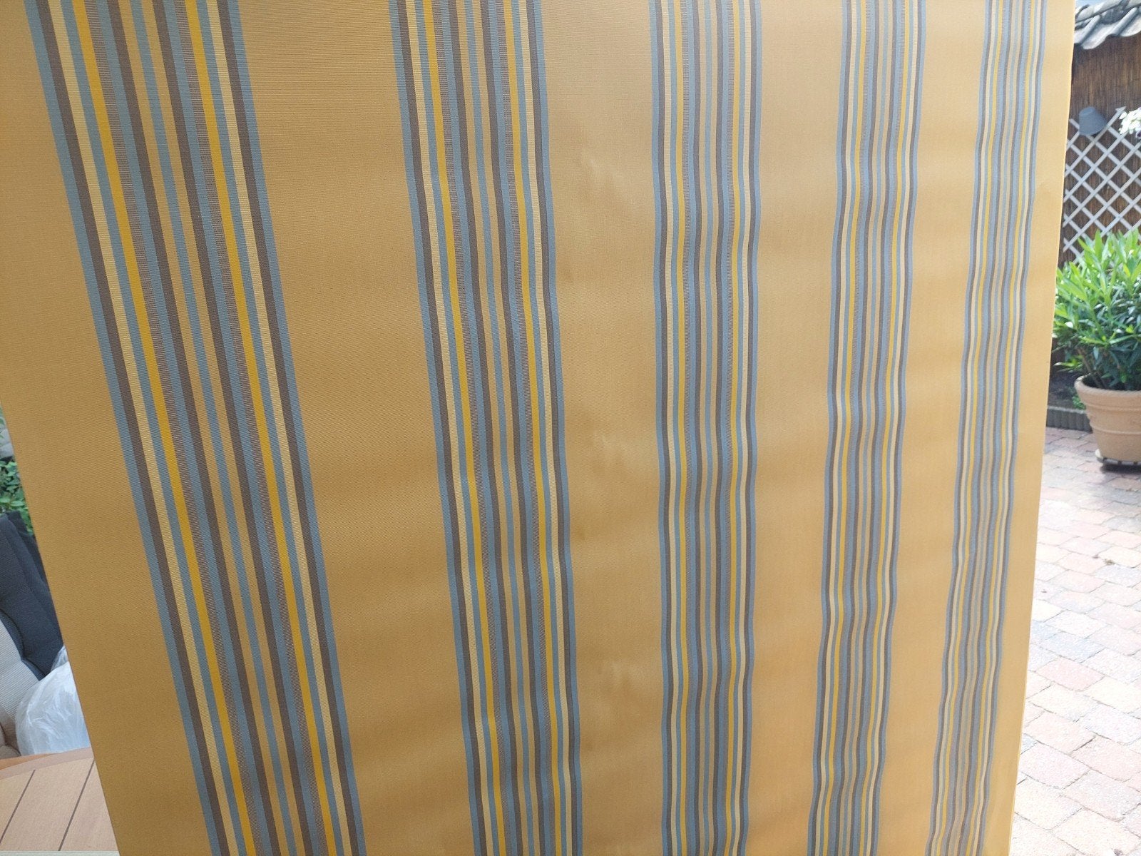 Zonneschermdoek / geel/ blauw gestreept, 450 cm of meer, Nieuw, Ophalen of Verzenden, Uitvalscherm
