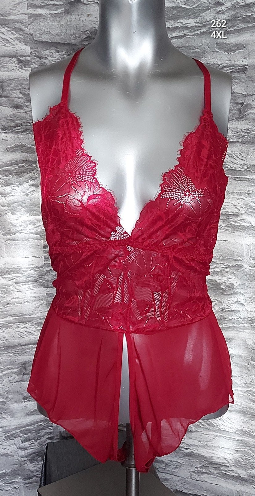 Sexy Rood Kanten playsuit met Open kruis - Maat 4XL, Onbekend, Ophalen of Verzenden, Rood, Nachtkleding