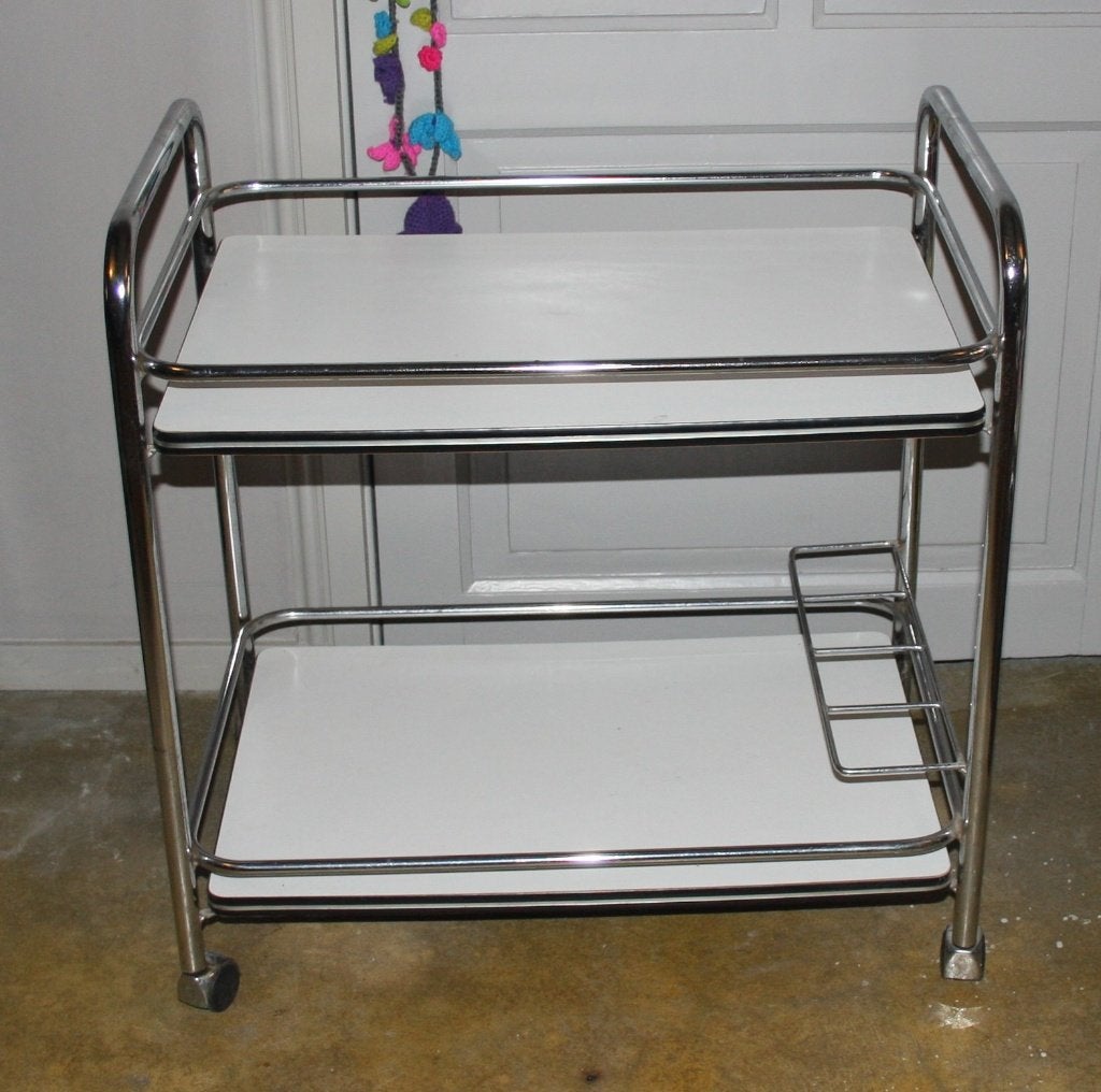 Vintage theewagen / serveerwagen met chroom en wit, Ophalen, Minder dan 55 cm, Gebruikt, Metaal of Aluminium