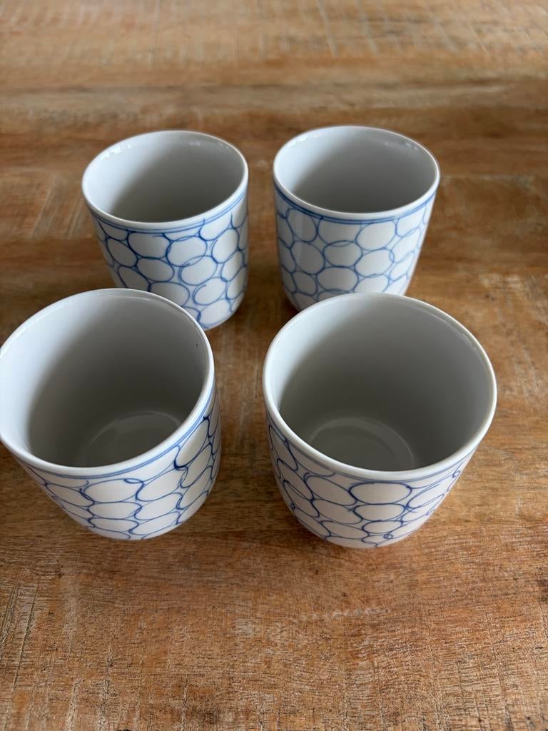 Set van 4 vintage wit-blauwe Ikea porseleinen bekers, Ophalen of Verzenden