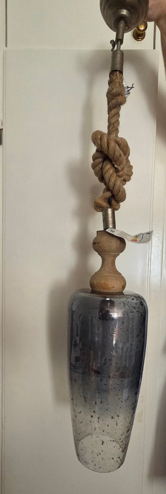 Hanglamp Touw met Grijs/Blauwe Glazen Kap, Glas, Zo goed als nieuw, Bohemian, Industrieel, Modern, E27 (groot)