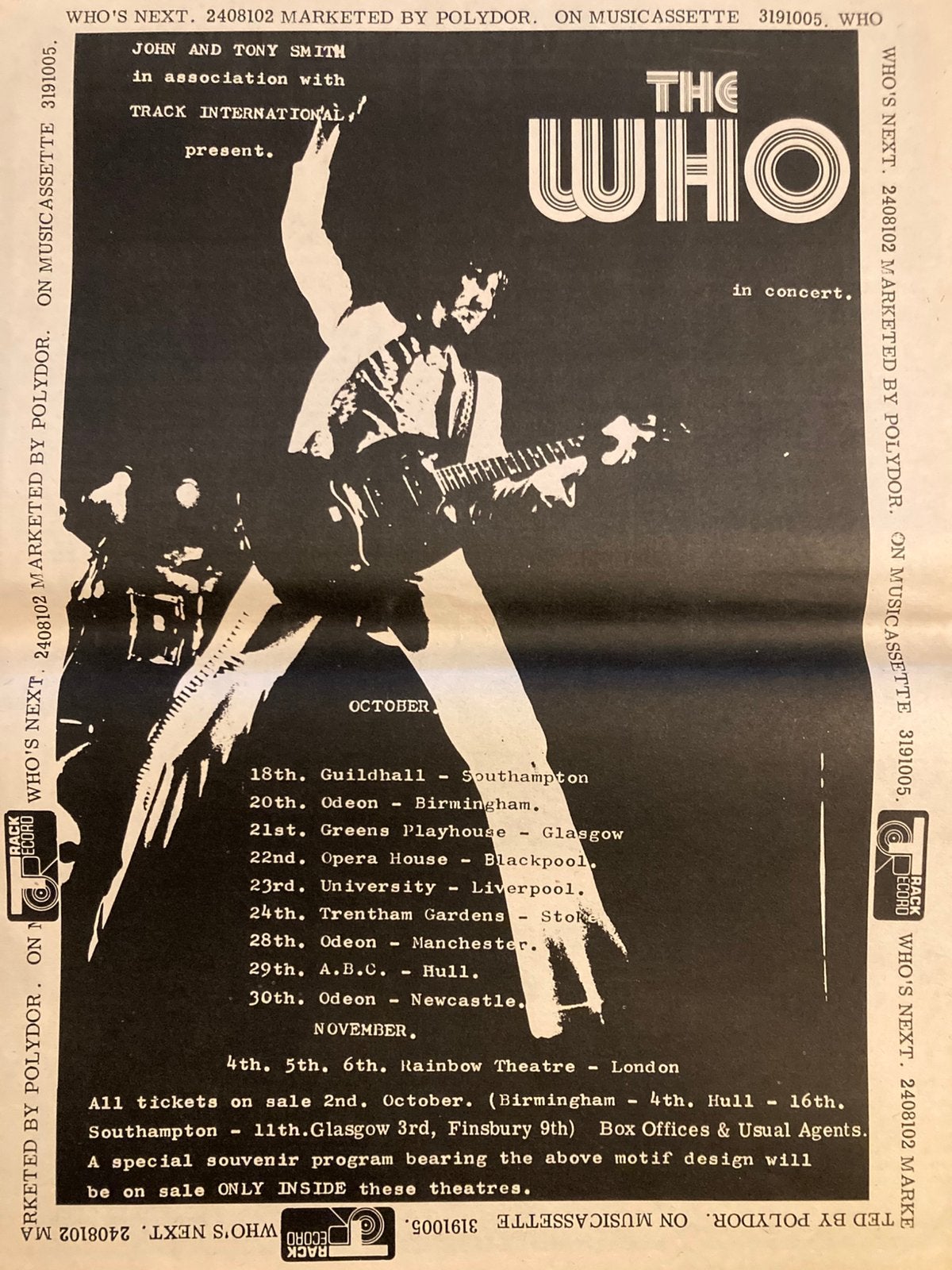 Paginagrote A3 advertentie THE WHO tour 1971, Ophalen of Verzenden, Zo goed als nieuw