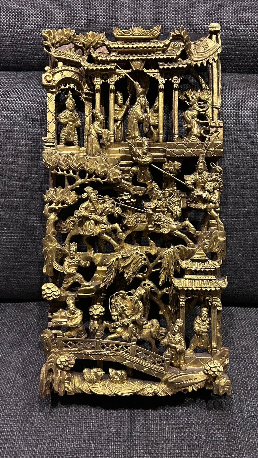 Antiek Chinees Verguld Houtsnijwerk (5cm diep!/Late Qing), Houtsnijwerk, Handgemaakt, Ophalen of Verzenden, 20 - 50 cm