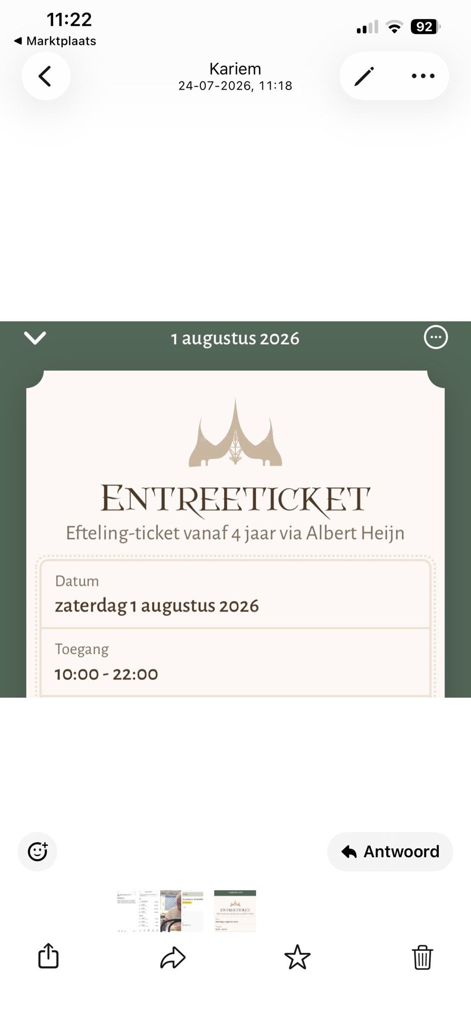 Efteling kaart voor 1 augustus geldig, Eén persoon, Ticket of Toegangskaart