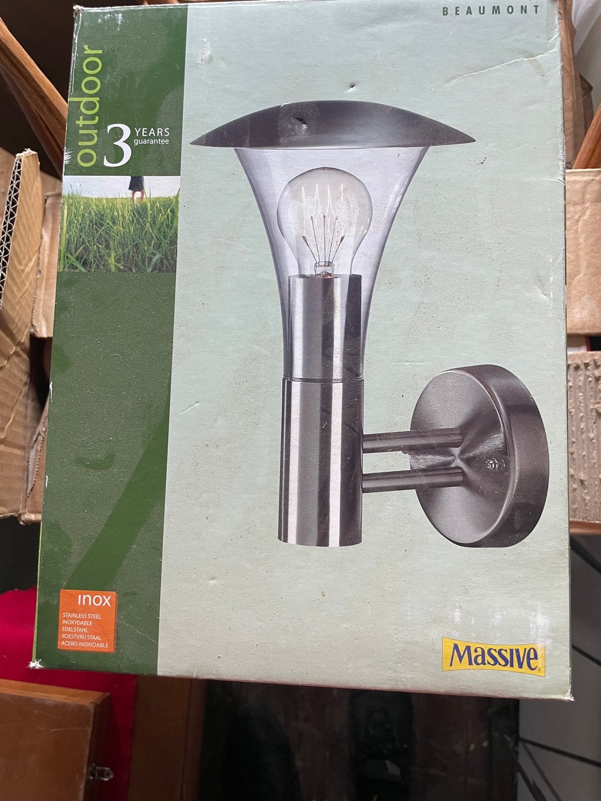 Massive Beaumont Buiten Wandlamp RVS - Nieuw in doos, Tuin en Terras, Ophalen, Minder dan 50 watt, Wandlamp, Nieuw