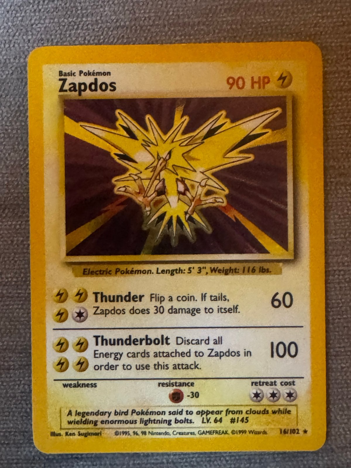 Pokémon Zapdos 16/102 Holo Base Set - Zeldzame Kaart, Ophalen of Verzenden, Losse kaart, Foil
