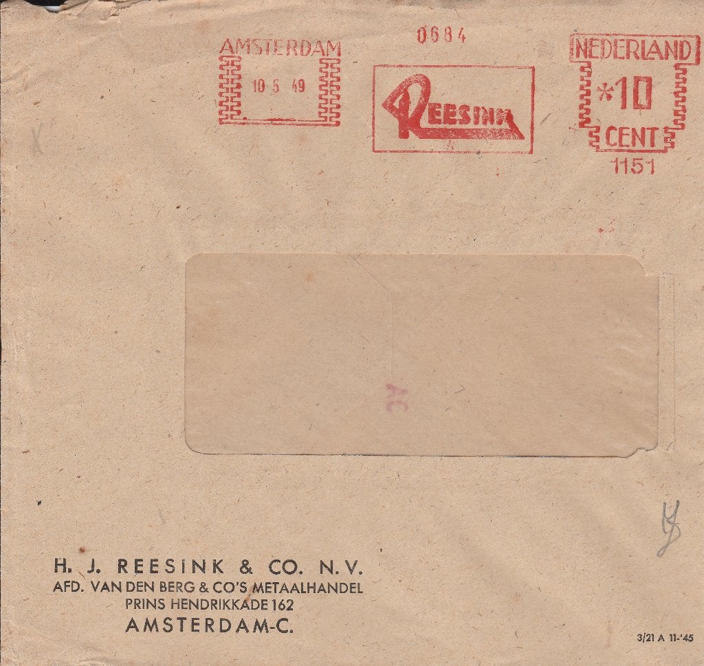 AMSTERDAM 1949 HJ. REESINK afd Vd BERG Metaalhandel, Ophalen of Verzenden, 1940 tot 1960, Gelopen, Noord-Holland