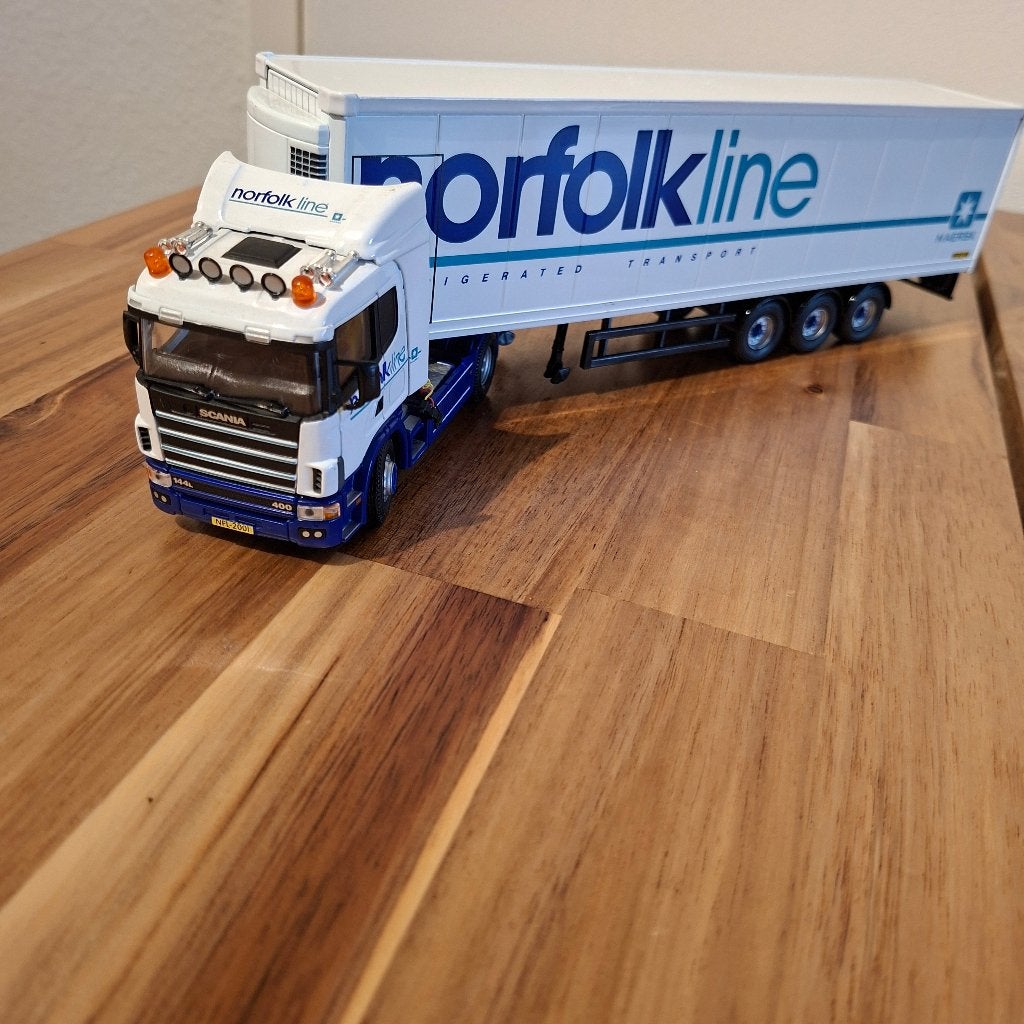 Scania 164 L 400 pk + spiegels Norfolkline koeltrailer corgi, Verzenden, Zo goed als nieuw, Bus of Vrachtwagen, Corgi