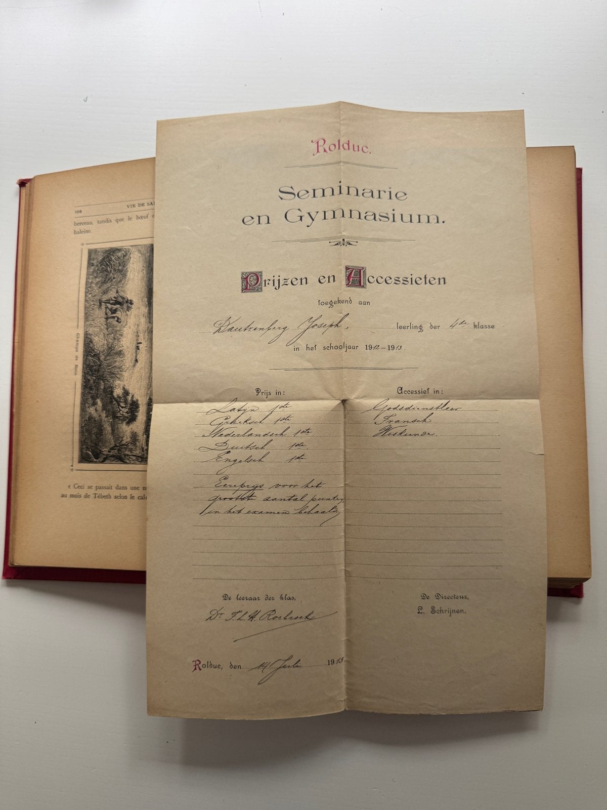 Rolduc prijs boek 'Vie de Saint Joseph' met brief 1913, Boeken, Ophalen of Verzenden, Gelezen, Christendom | Katholiek