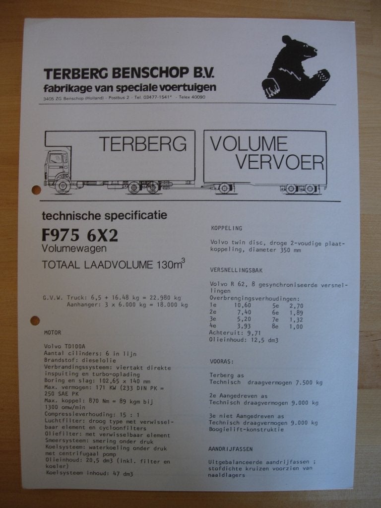 Terberg F975 6x2 Volumetransport folder 1985, Ophalen of Verzenden, Zo goed als nieuw, Overige merken, Terberg