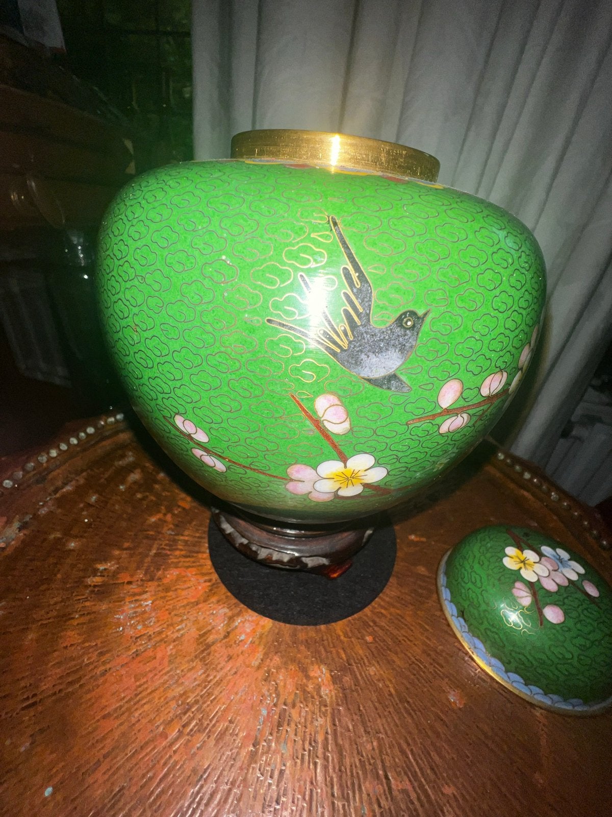 Antieke Cloisonné Gemberpot met Vogel en Bloesemdecor, Ophalen of Verzenden