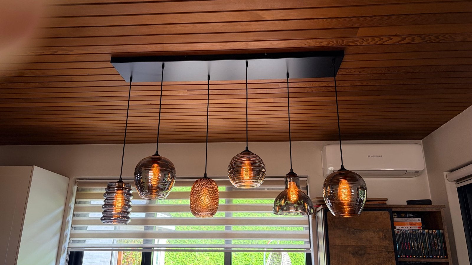 Hanglamp met 6 glazen kappen - Modern design, Ophalen, Zo goed als nieuw, Glas, E27 (groot)