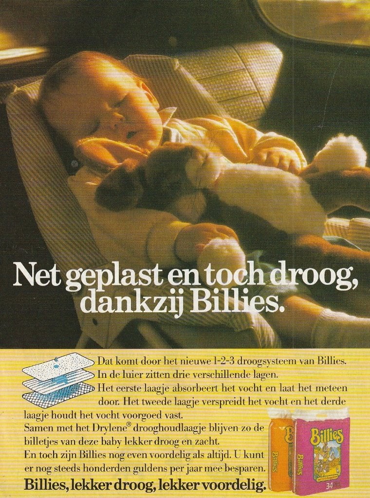 Retro reclame 1985 Billies baby luiers baby is toch droog, Verzenden, Overige typen
