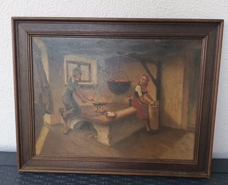 antiek schilderij `` boerderij - keuken`` K. Moser, Ophalen, Paneel, Portret of Personen, Olieverf