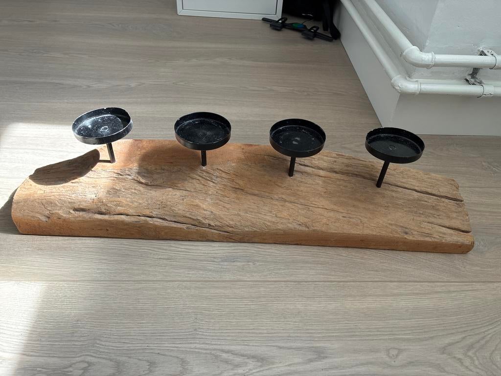 Robuuste houten kandelaar voor 4 kaarsen - 57x16 cm, Ophalen, Bruin, Zo goed als nieuw, Hout