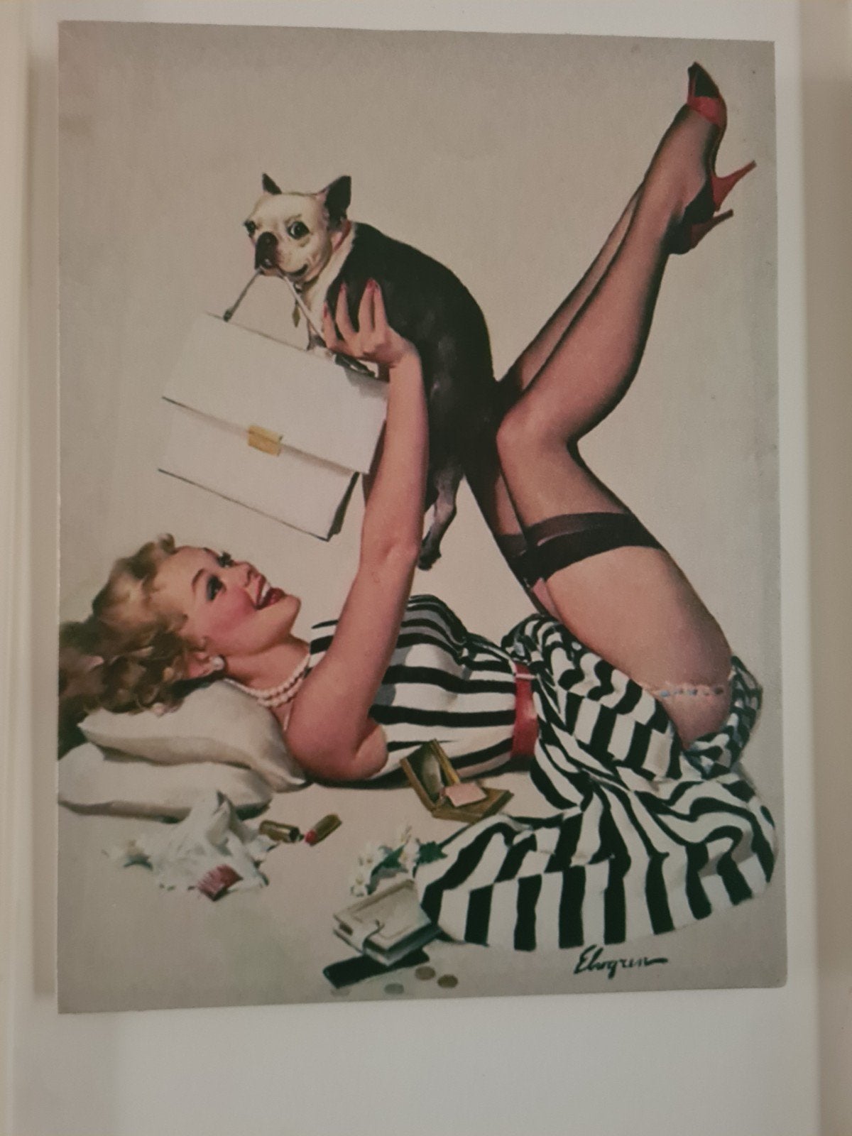 Vintage Pin-up Poster: Dame met hond en handtas, Ophalen of Verzenden, Poster, Print/reproductie