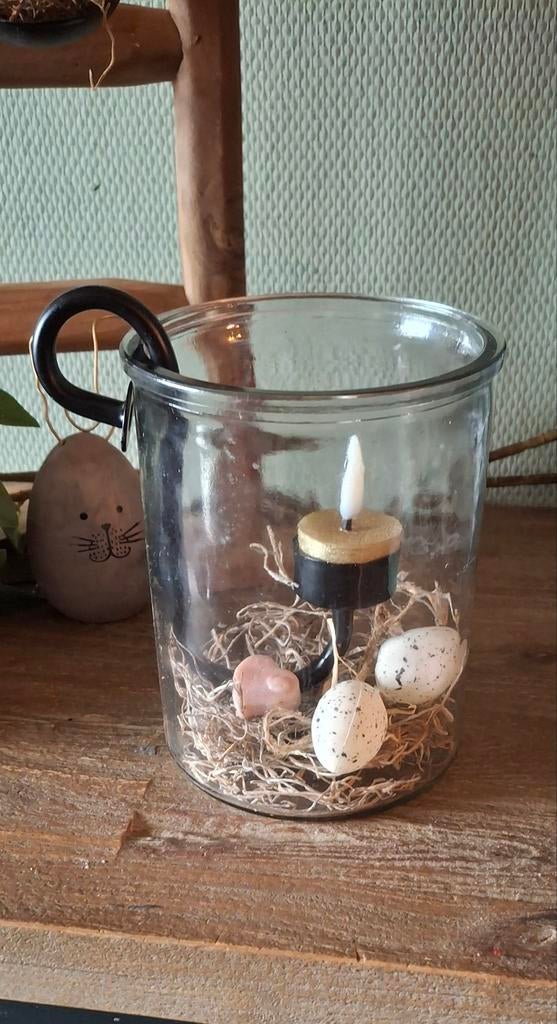 Windlicht met ijzeren hanger voor kaarsje, Gebruikt, Zwart, Ophalen of Verzenden, Metaal