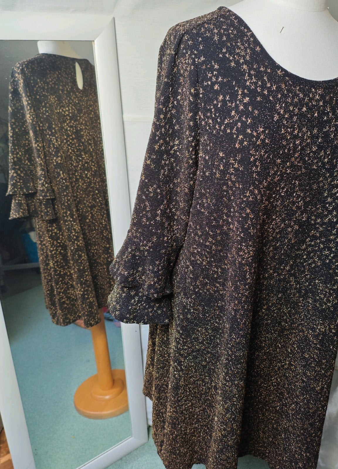 Feestelijke MS Mode midi jurk – goud/brons XL glitter, Ophalen, Kerstmis of Sinterklaas, Zo goed als nieuw, Kleding