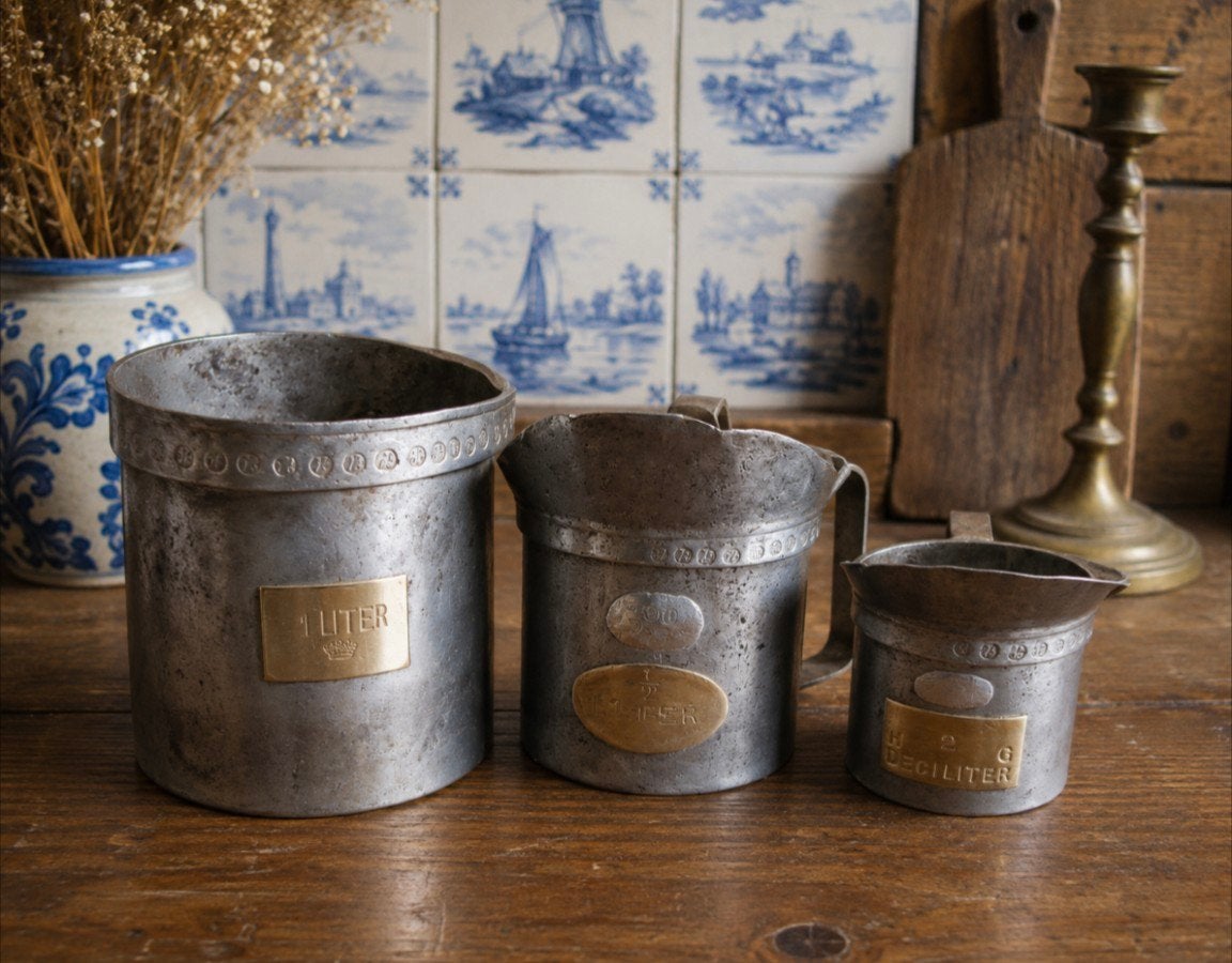 Antieke maatbekerset 1900/1950, Antiek en Kunst, Antiek | Keukenbenodigdheden, Ophalen of Verzenden